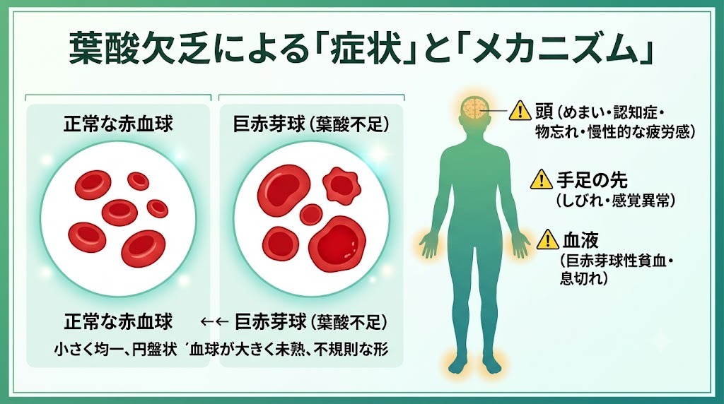 巨赤芽球性貧血のメカニズムと、葉酸欠乏が引き起こすめまい・しびれなどの症状一覧