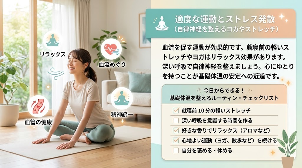基礎体温のガタガタを改善するための適度な運動とストレス発散法。自律神経を整えるヨガや就寝前ストレッチなど、今日からできるルーティン・チェックリスト