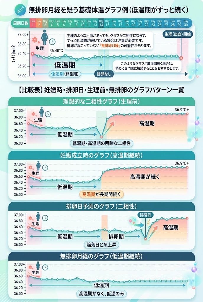 無排卵月経を疑う基礎体温グラフ（低温期がずっと続く状態）の例と、理想の二相性・妊娠成立時・排卵日予測におけるグラフパターンの比較表