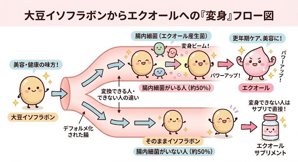 大豆イソフラボンからエクオールへの変換メカニズム図解。エストロゲンに似た働きを補うサプリの選び方