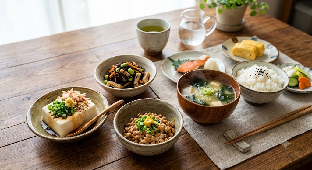 女性ホルモンをサポートする食事。大豆イソフラボンを含む豆腐や納豆、腸内環境を整える発酵食品のメニュー
