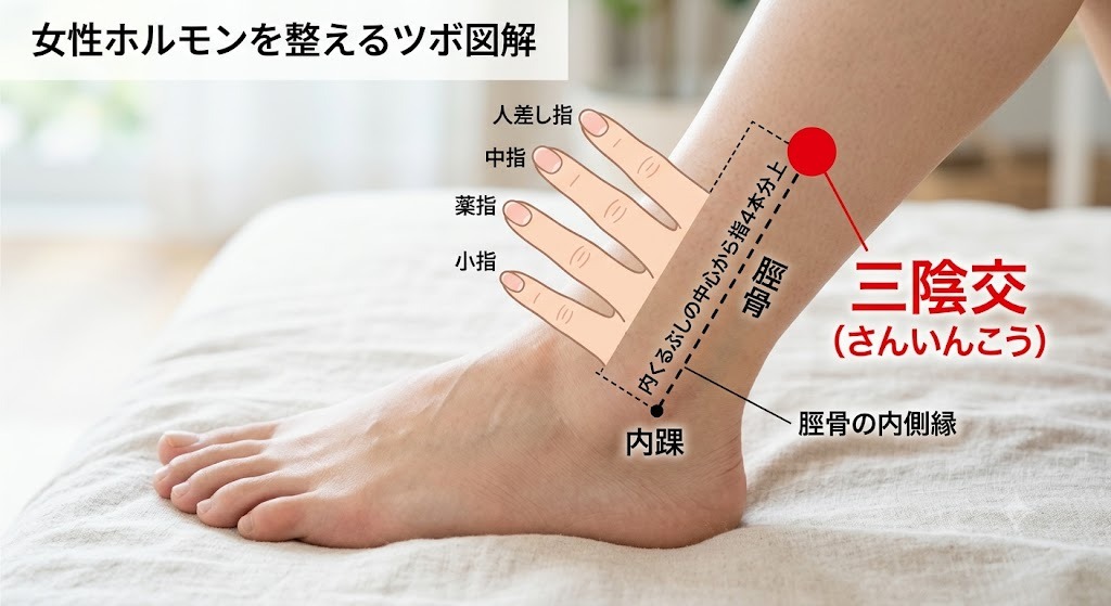 女性ホルモン(エストロゲン)を整えるツボ「三陰交(さんいんこう)」の正確な位置と押し方の図解