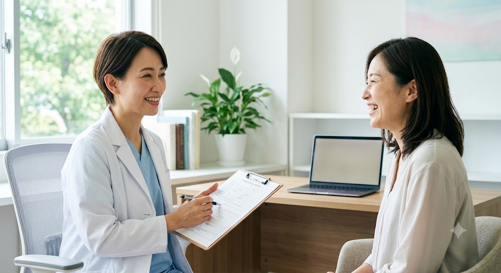 閉経後や更年期のエストロゲン減少について、婦人科でホルモン補充療法(HRT)などの相談をする女性