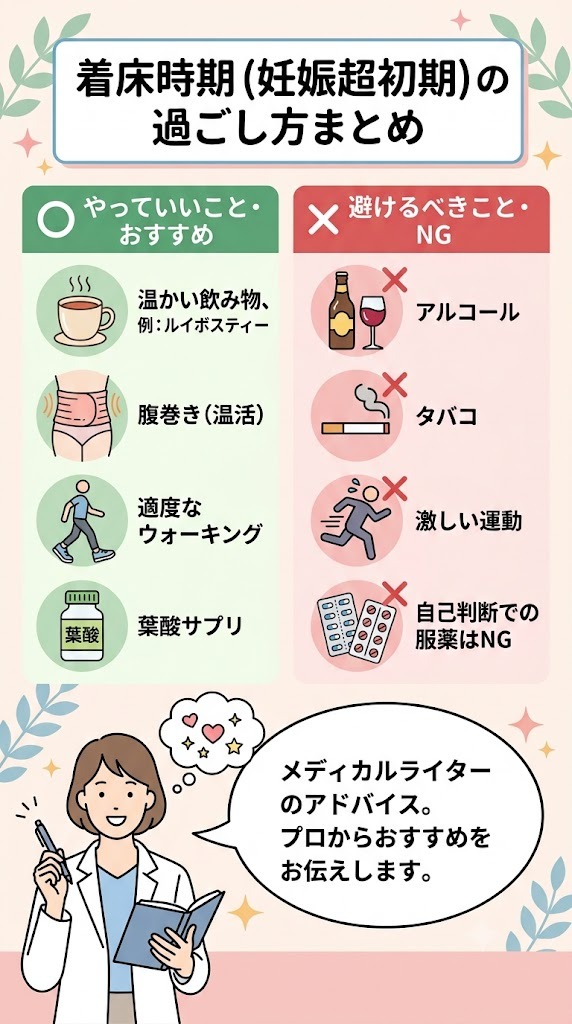 着床時期（妊娠超初期）の安心な過ごし方まとめ。温かい飲み物や葉酸サプリの推奨と、アルコールや激しい運動などのNG行動