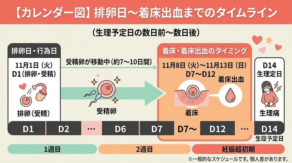 排卵日や行為後から着床出血がいつくるかを示すタイムラインカレンダー図。受精卵が移動して着床するまでの約7〜10日間の日数経過と生理予定日との関係を解説。