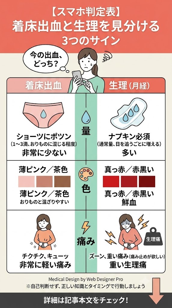 着床出血と生理の違いを見分ける判定表。出血の量（少ない・多い）、色（薄いピンクや茶色・鮮血）、痛み（チクチク・重い生理痛）の3つのサインをスマホで分かりやすく比較。