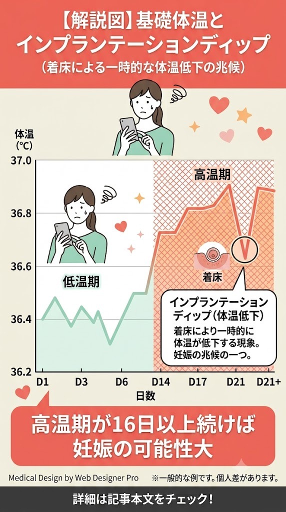 着床出血の時期の基礎体温表グラフ。インプランテーションディップ（着床による一時的な体温低下）の兆候と、高温期が16日以上続けば妊娠の可能性が高いことを示す解説図。