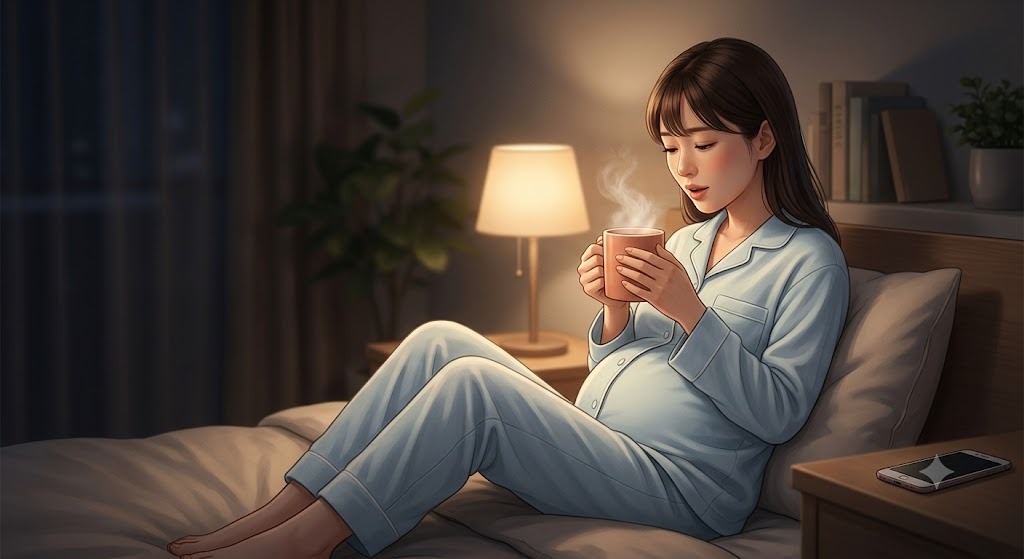 夜に妊娠初期の腹痛で不安になった時は、スマホ検索を置いて温かい飲み物でリラックスする妊婦さん