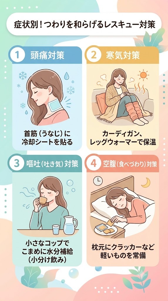 つわりの頭痛・寒気・嘔吐・食べづわりに対する症状別の安全な和らげ方と対策