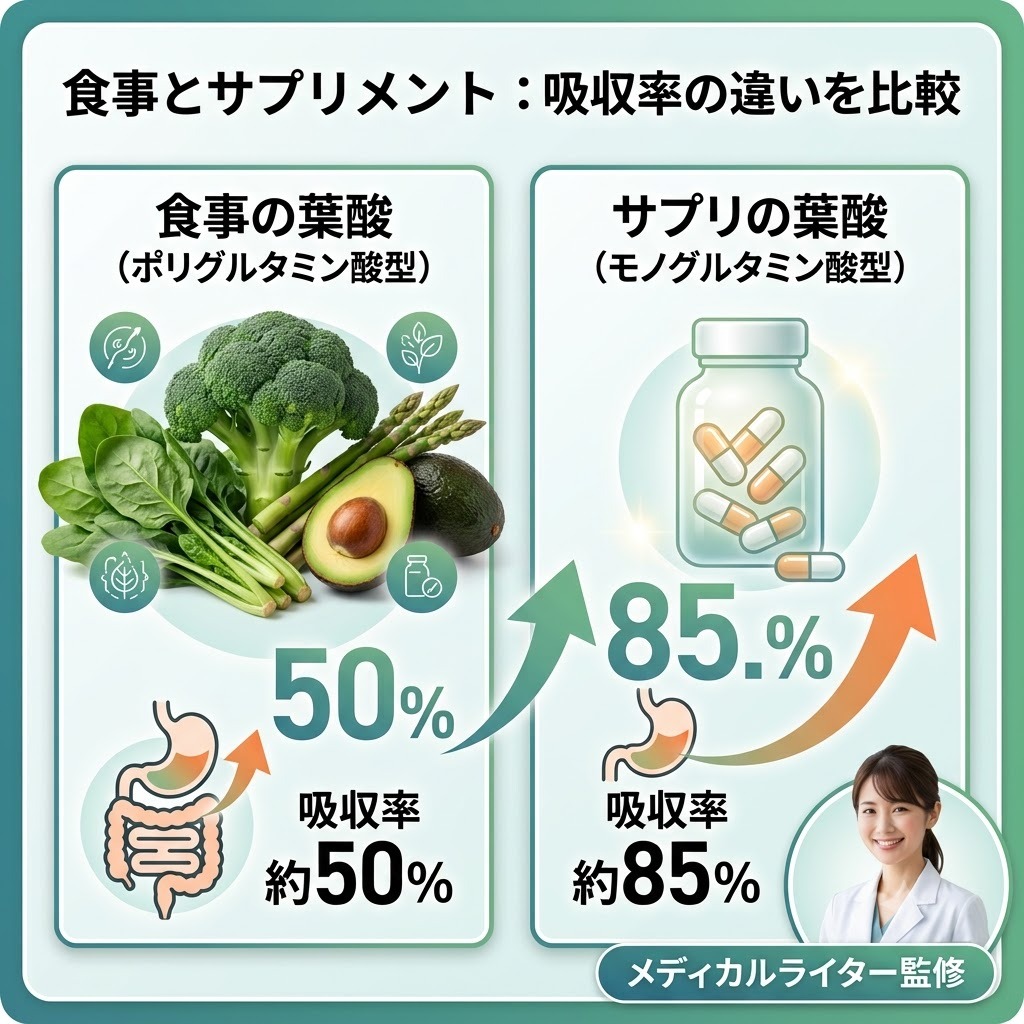 食事由来のポリグルタミン酸型葉酸（吸収率約50%）とサプリ由来のモノグルタミン酸型葉酸（吸収率約85%）の比較図