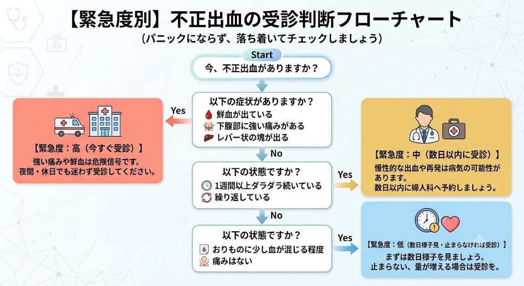 不正出血の緊急度がわかる受診判断フローチャート。鮮血や痛みの有無、何日続くかなどの症状から、病院へ行くべき受診目安をチェックできます。