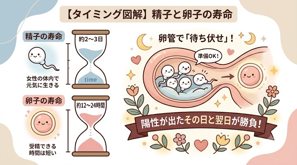 排卵検査薬で陽性が出た当日・翌日がベストタイミングである理由。精子と卵子の寿命の違いと、卵管での待ち伏せを解説した図解