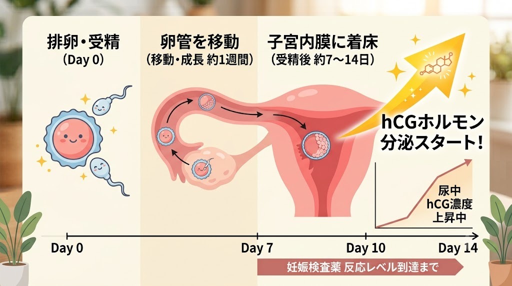 受精から着床、hCGホルモン分泌開始までのタイムラインと日数の目安を図解