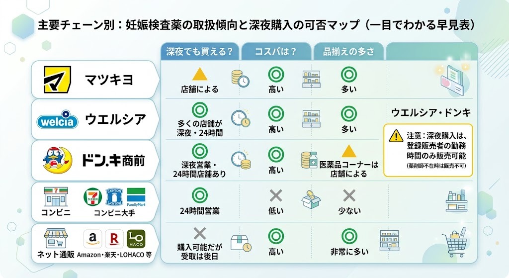 マツキヨ・ウエルシア・ドンキ・コンビニ等チェーン別妊娠検査薬の値段コスパと深夜購入可否マップ