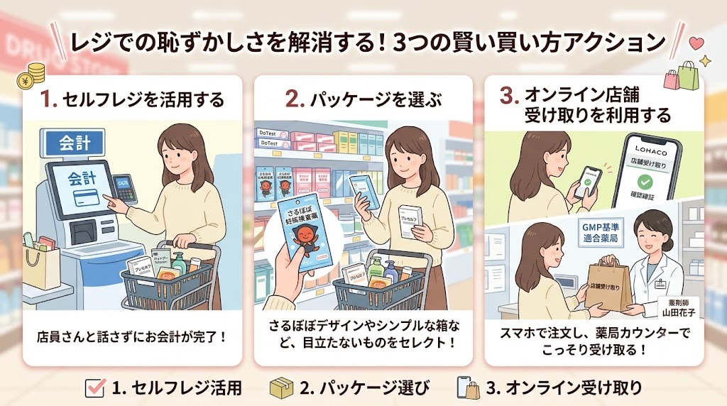 妊娠検査薬をレジで買うのが恥ずかしい時の対処法（薬局のセルフレジ・パッケージ選び・ネット通販店舗受け取り）