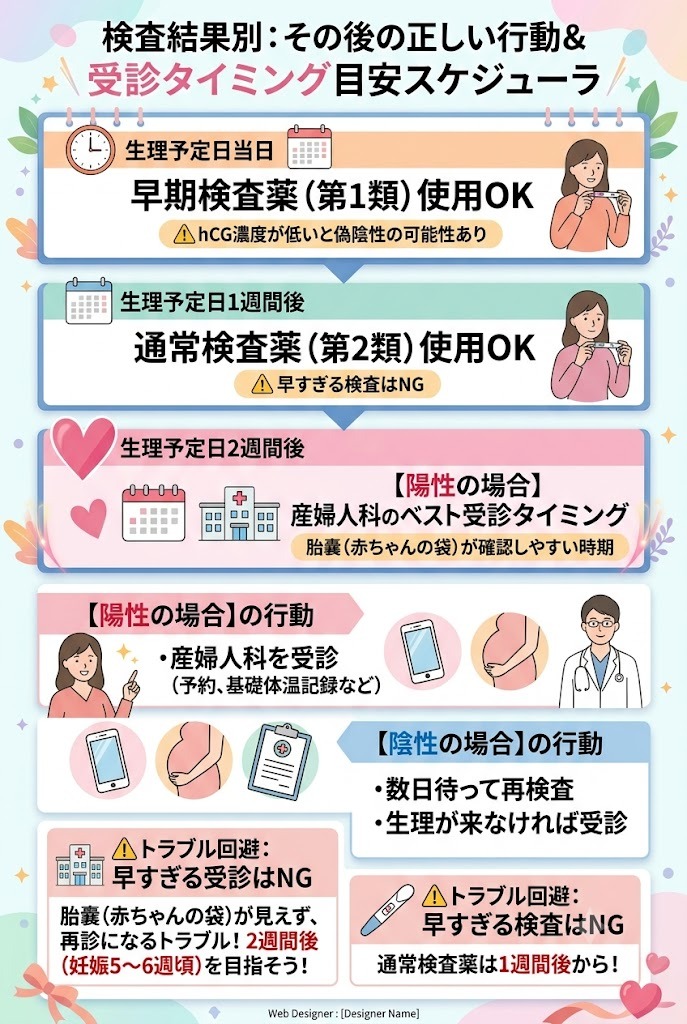 妊娠検査薬の検査結果（陽性・陰性）別の正しい行動と、病院（産婦人科）を受診するタイミング目安