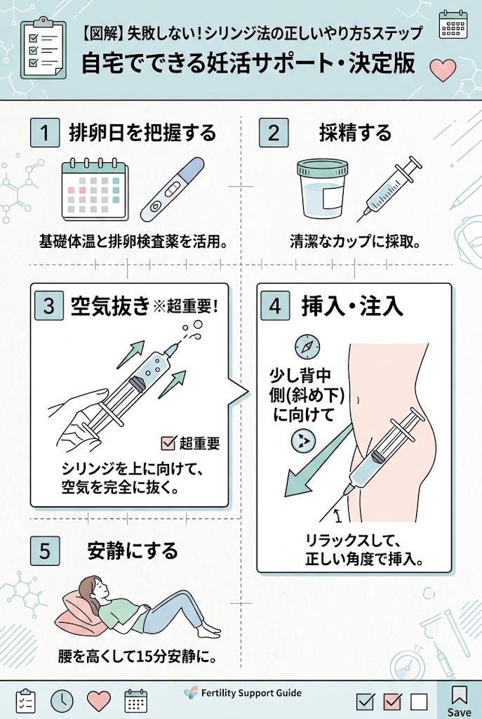 シリンジ法の正しいやり方5ステップ図解。排卵日のタイミング把握、採精、空気抜き、正しい角度での挿入、安静にする流れ