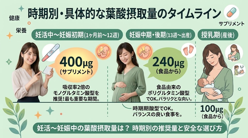 妊活中・妊娠初期・妊娠中期・授乳期における時期別の推奨葉酸摂取量タイムライン