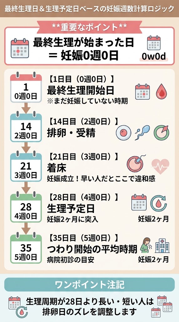 最終生理開始日を0週0日とする妊娠週数とヶ月数の計算ロジック解説図