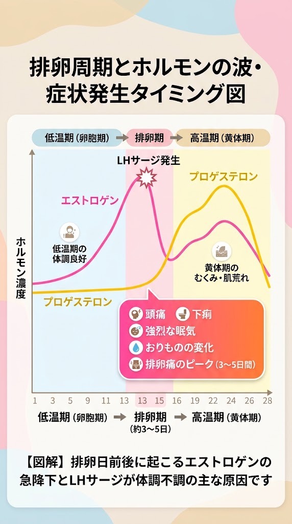 排卵周期におけるエストロゲンとプロゲステロンのホルモン変動と体調不良発生タイミングのグラフ