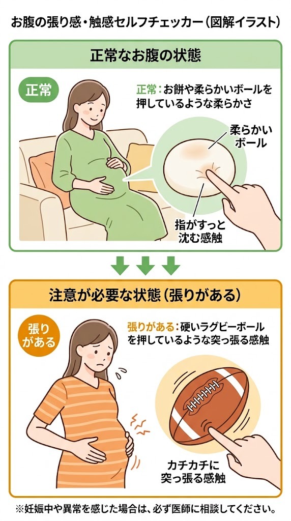 正常なお腹の柔らかさと注意が必要な硬さを比較した触感セルフチェック図解