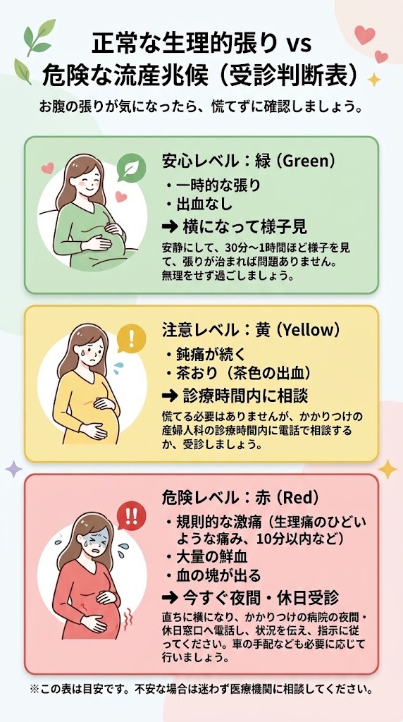 正常なお腹の張りと危険な流産兆候をシグナルカラーで判別する受診判断表