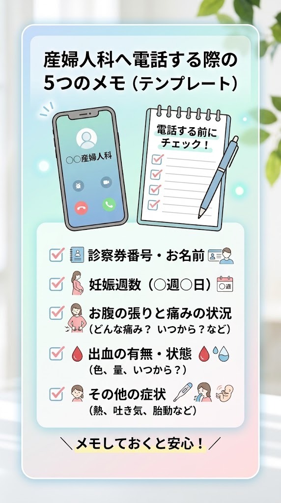 産婦人科へ電話相談する際に伝える5つの確認項目テンプレート画像