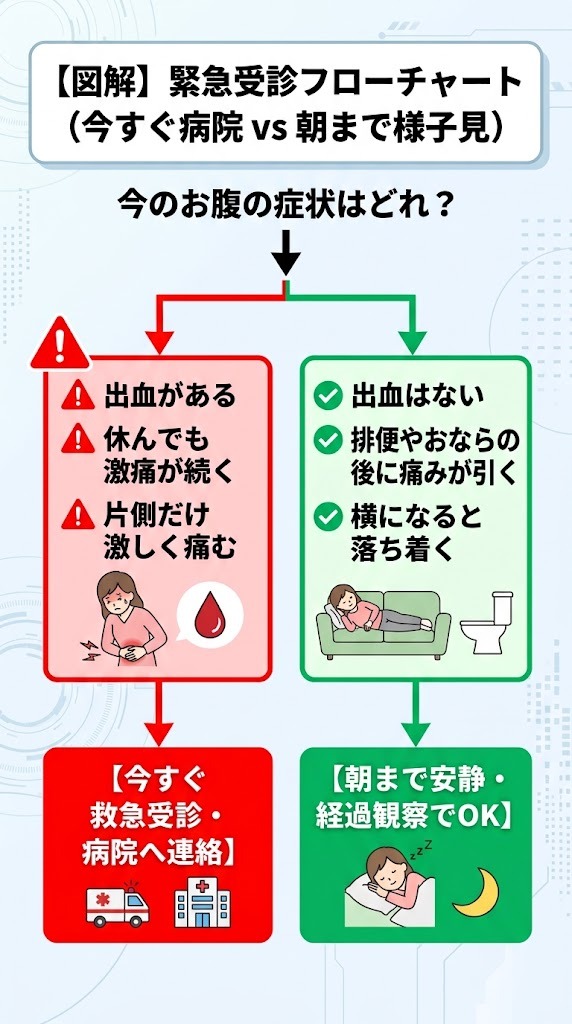 妊娠初期の腹痛と下痢における緊急受診フローチャート（今すぐ病院か朝まで様子見かの判定図解）