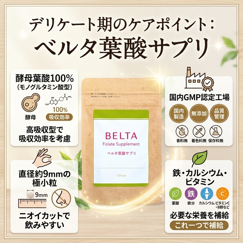 妊娠初期のお腹に優しいベルタ葉酸サプリの特長（酵母葉酸・無添加・極小粒・栄養補給）