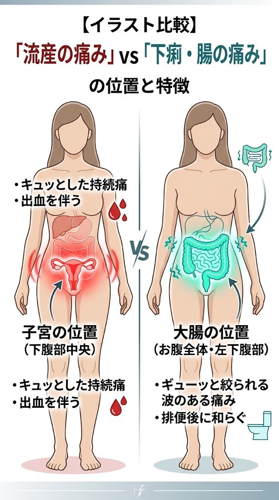 流産による子宮の痛みと下痢による腸の痛みの位置と特徴を比較したイラスト解剖図