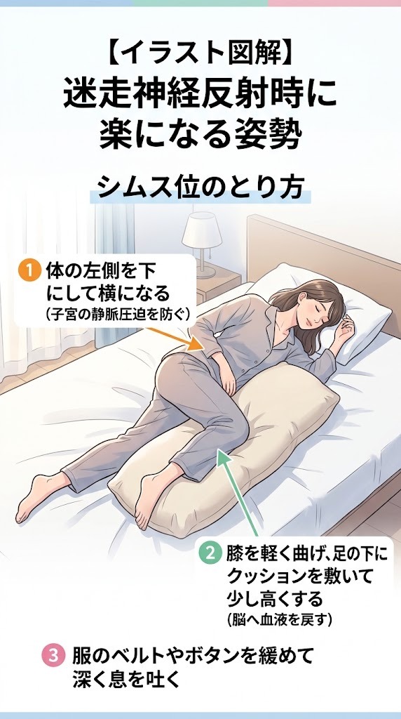 迷走神経反射で貧血や冷や汗が出た時に楽になる姿勢「シムス位」の正しいとり方イラスト