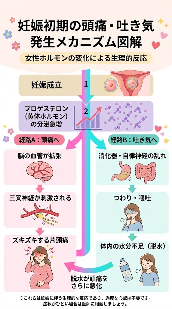 妊娠初期に起きる頭痛と吐き気の発生メカニズム解説図。プロゲステロン急増による脳血管拡張からの片頭痛とつわり脱水による頭痛悪化の流れ