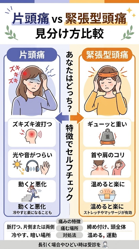 片頭痛と緊張型頭痛の違いと比較表。ズキズキ脈打つ片頭痛とギューッと締め付けられる緊張型頭痛の症状・痛む場所・対処法の見分け方