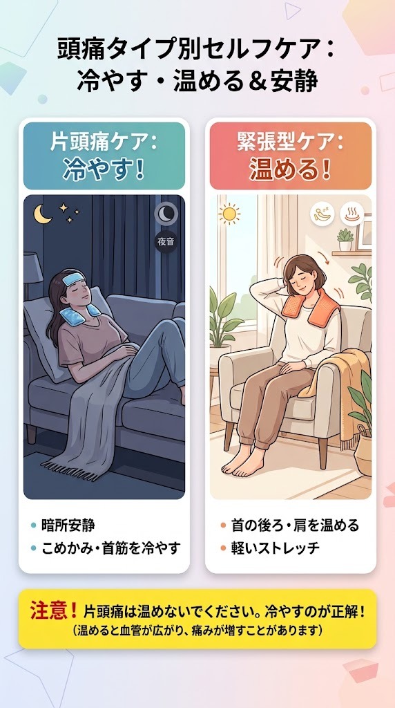 頭痛タイプ別セルフケアの図解。片頭痛はこめかみ・首筋を冷やして暗所で安静、緊張型頭痛は首肩を温める方法と注意点