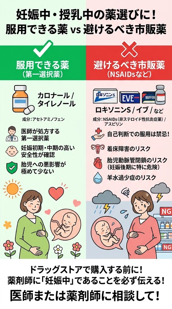 妊娠中に服用できる薬カロナール・タイレノールと避けるべき市販薬ロキソニン・イブ・バファリン（NSAIDs）の安全性比較インフォグラフィック