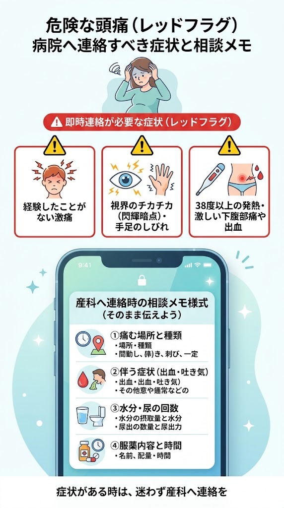 産婦人科へすぐ連絡すべき危険な頭痛（レッドフラグ症状）と病院へ受診・相談する際のスマホ用メモ様式フォーマット