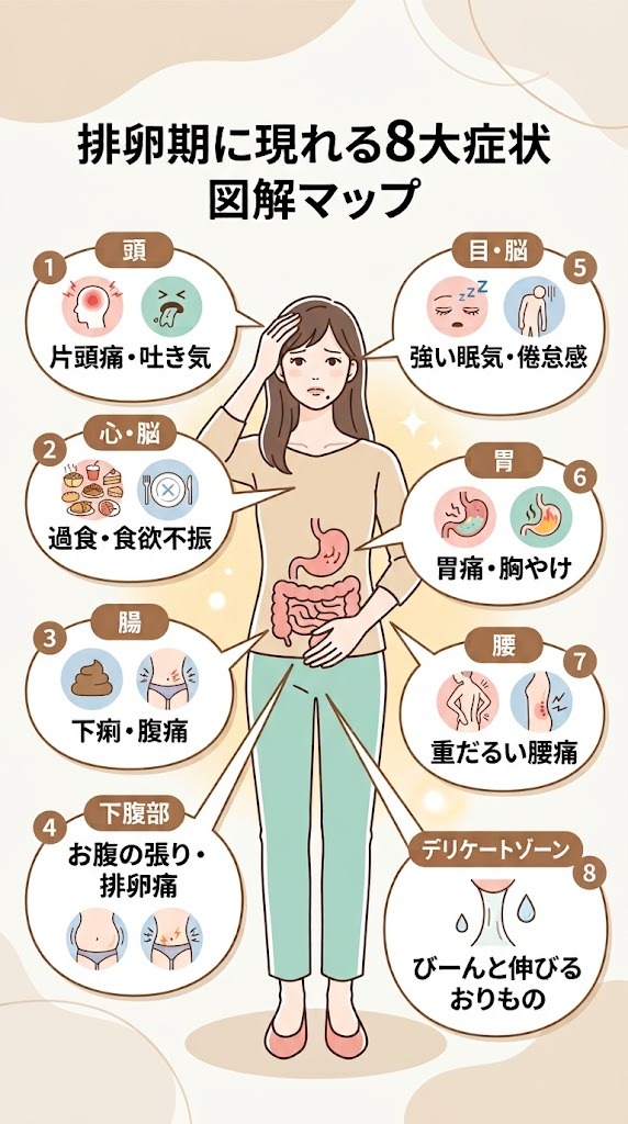 排卵期に起こる8大症状（頭痛・眠気・胃痛・下痢・お腹の張り・腰痛・おりもの・食欲不振）の部位別図解マップ