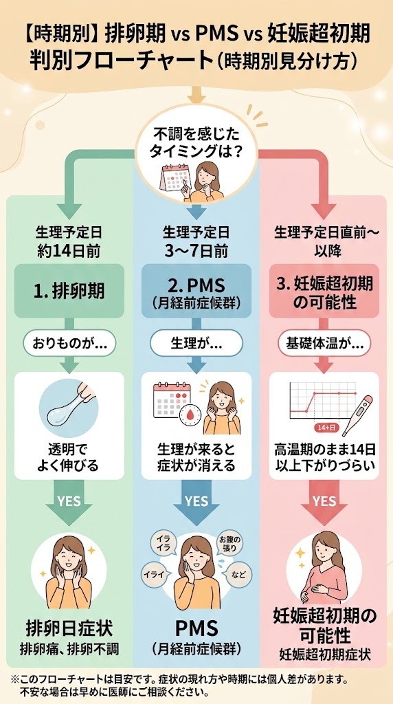 排卵期症状・PMS（月経前症候群）・妊娠超初期症状を発生時期やおりもの・基礎体温で見分ける判別フローチャート