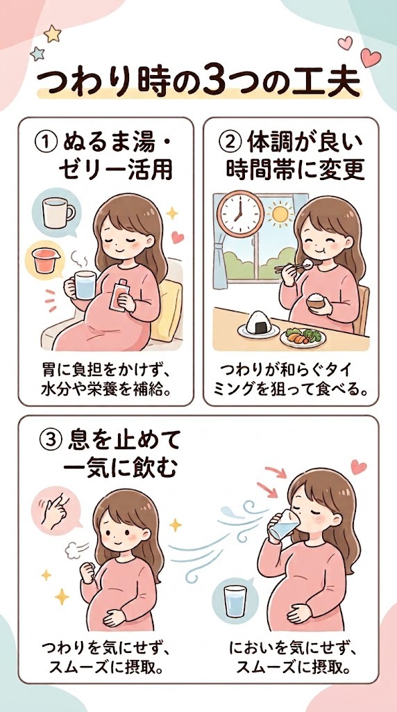 つわり時期でもエレビットを無理なく飲むための3つの具体的工夫イラスト